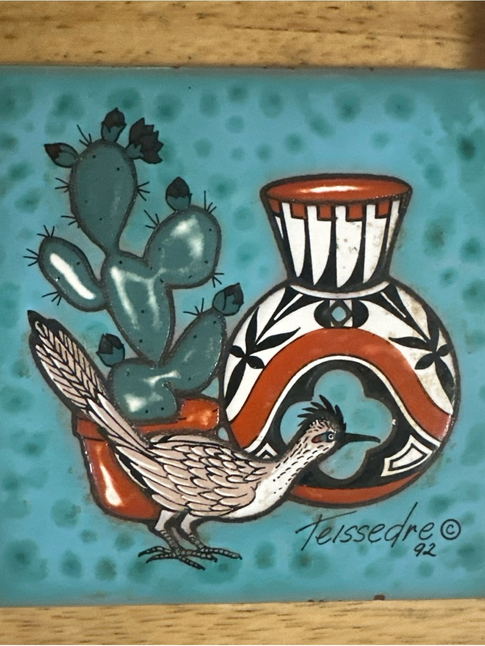 Vintage  Cleo Teissedre Ceramic Tile 1992 Roadrunner Cactus Trivet Wall Art